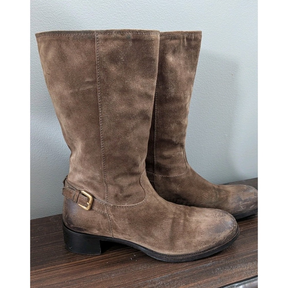 Prada Mid Calf Moto Distressed Brown Suede Boots Size 39